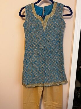 Sleeveless Teal Embroidered Tunic with Gold Accents